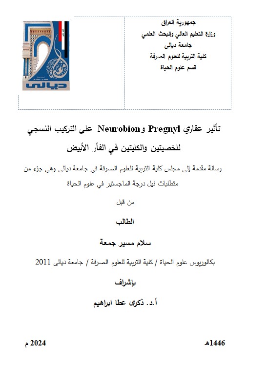 You are currently viewing رسالة ماجستير سلام مسير / بعنوان: تأثير عقاري Pregnyl وNeurobion على التركيب النسجي للخصيتين والكليتين في الفأر الأبيضرسالة ماجستير سلام مسير