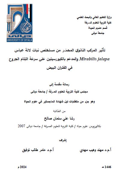 Read more about the article رسالة ماجستير رشا علي / بعنوان: تأثير المركب النانوي المحضر من مستخلص نبات لالة عباسوالمدعم بالكيورسيتينعلى سرعة التِئام الجروح في الفئران البيضMirabilis jalapa