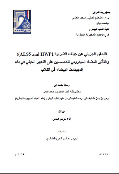 Read more about the article رسالة ماجستير الاء كريم / بعنوان: التحقق الجزيئي عن جينات الضراوة (ALS5 and HWP1) والتأثير المضاد الميكروبي للكابسسين على التعبير الجيني في داء المبيضات البيضاء في الكلاب
